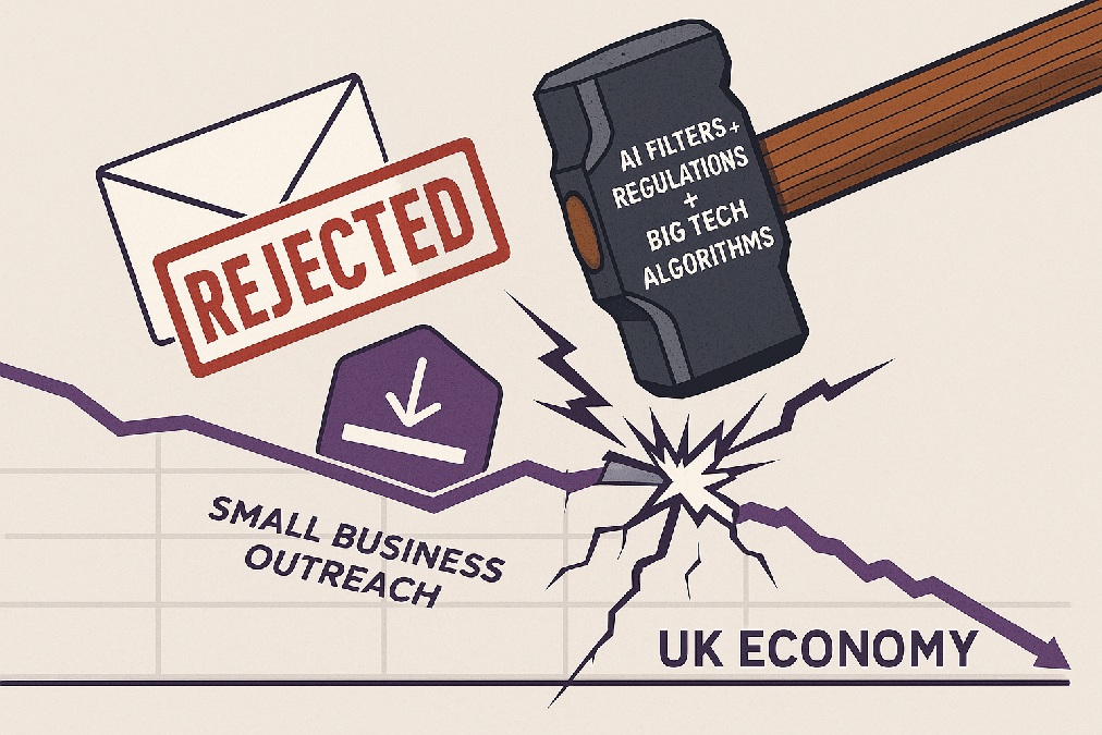 Sledgehammer smashing a rejected small-business email and cracking an economic graph, representing how blocked outreach cripples the UK economy.